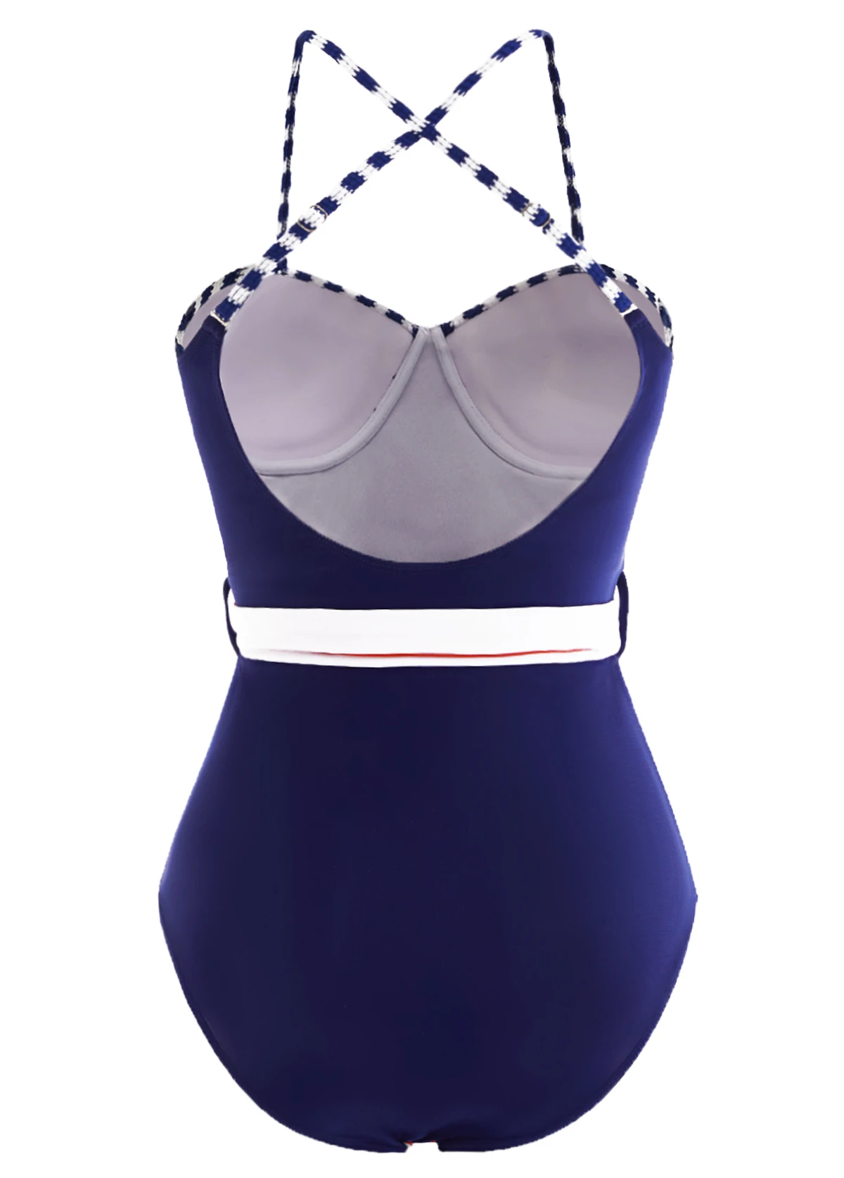 Striped Decorative Belt Navy Blue One Piece Swimwear 4 Striped Decorative Belt Navy Blue One Piece Swimwear - Image 2