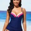 Navy Blue Decorative Button Contrast Stitch Tankini Set -Ethereal Swim 288876 P 16381853222490