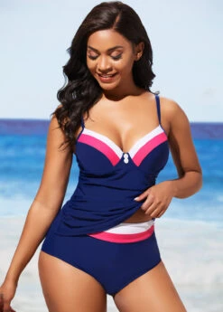 Navy Blue Decorative Button Contrast Stitch Tankini Set 9 Navy Blue Decorative Button Contrast Stitch Tankini Set -Ethereal Swim 288876 P 16381853223153