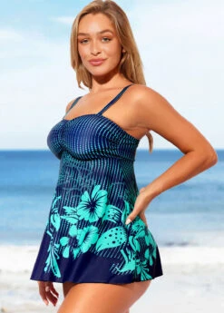 Floral Print Wide Strap Cyan Swimdress And Panty -Ethereal Swim 289165 P 16433542730562
