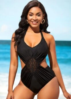 Lace Stitching Black Tie Back One Piece Swimwear -Ethereal Swim 289630 P 16387933370053