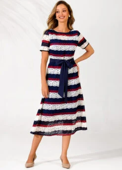Lace Panel Striped Belted Color Block Dress -Ethereal Swim 289840 P 16395610891324