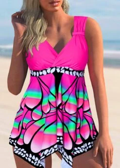 Asymmetric Hem Hot Pink Butterfly Print Swimdress And Shorts -Ethereal Swim 289992 P 16409271912323