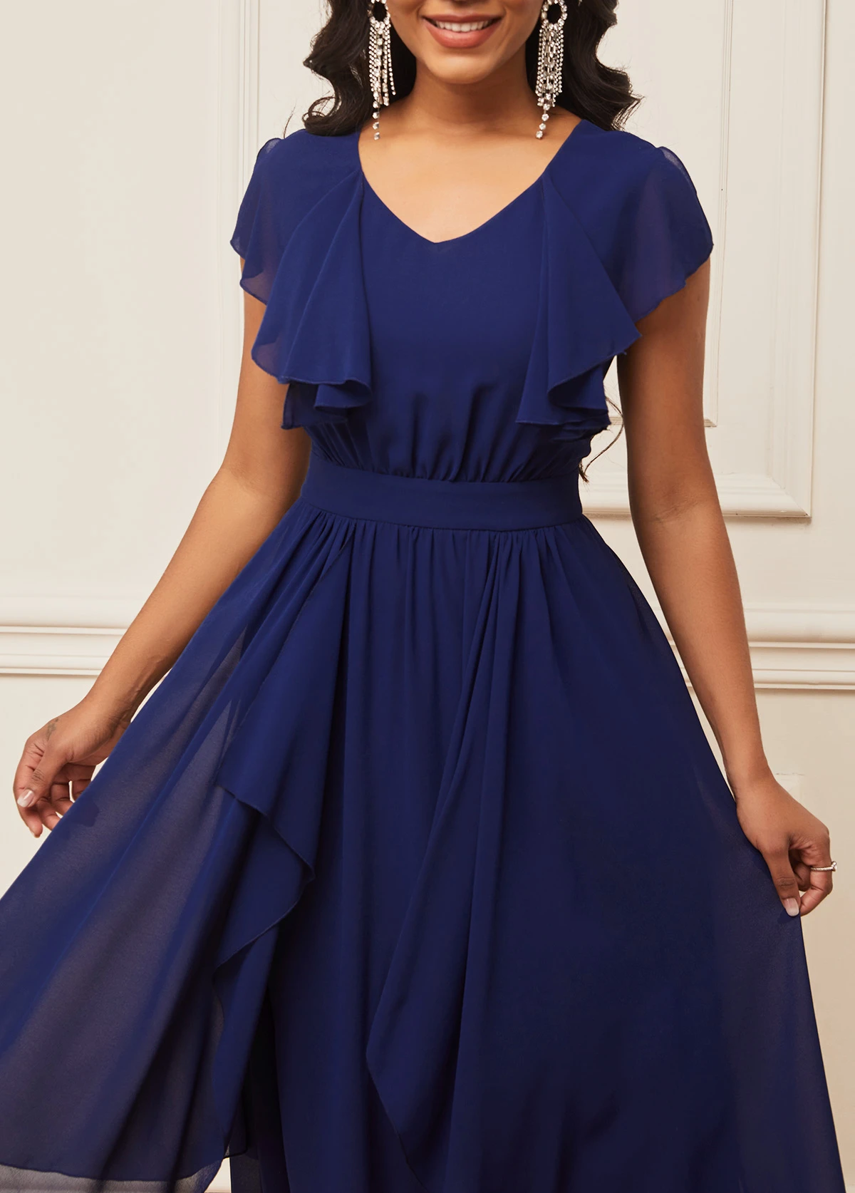 Chiffon Navy Blue Short Sleeve V Neck Dress 7 Chiffon Navy Blue Short Sleeve V Neck Dress - Image 5