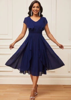 Chiffon Navy Blue Short Sleeve V Neck Dress