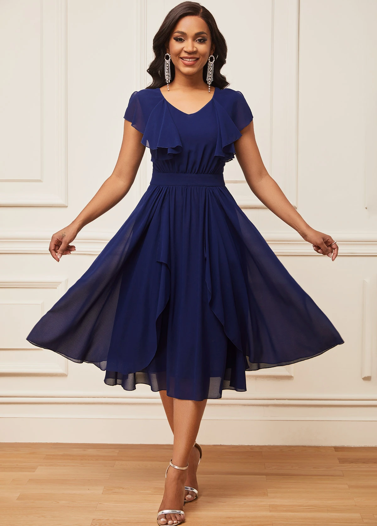 Chiffon Navy Blue Short Sleeve V Neck Dress 3 Chiffon Navy Blue Short Sleeve V Neck Dress