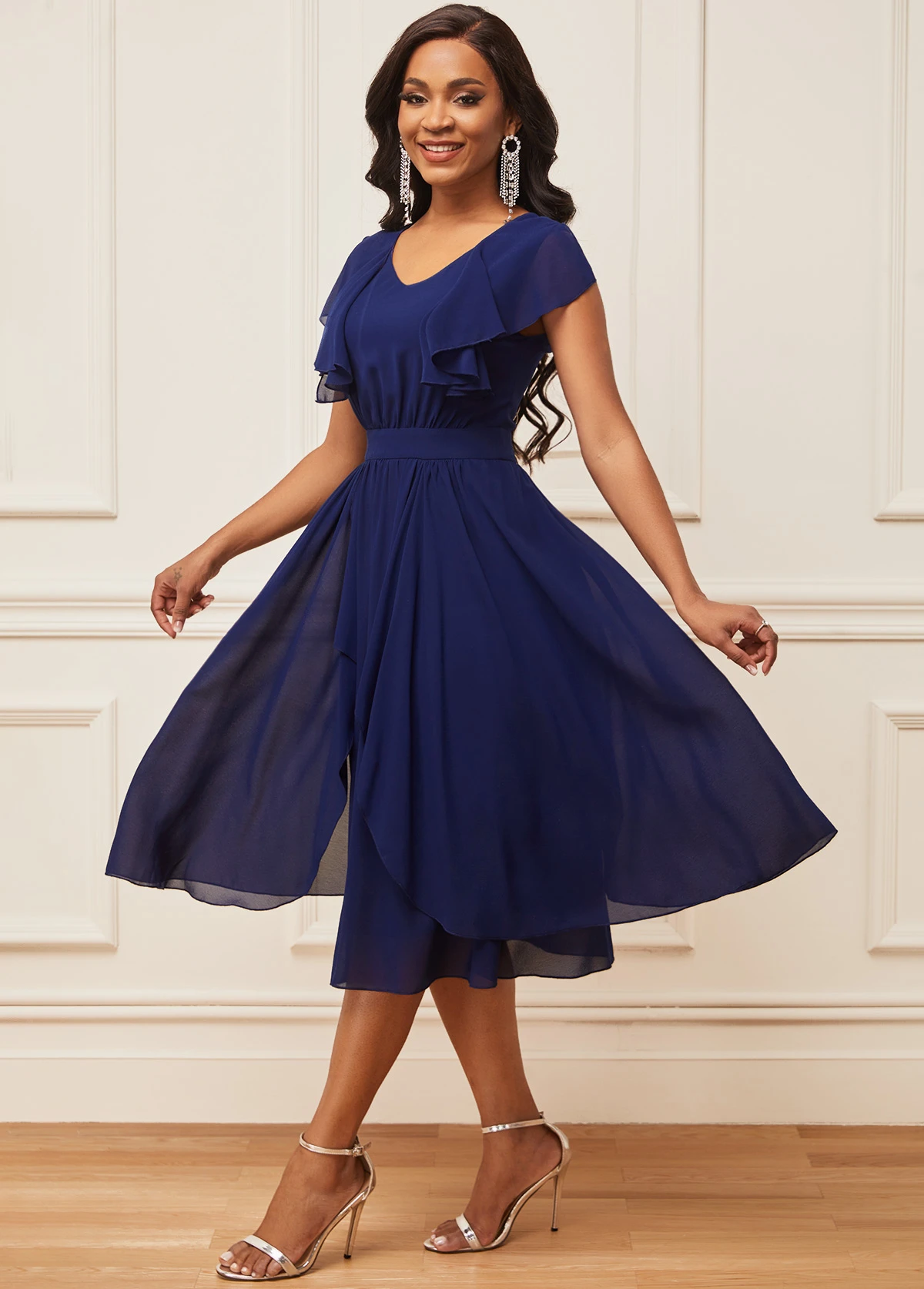 Chiffon Navy Blue Short Sleeve V Neck Dress 5 Chiffon Navy Blue Short Sleeve V Neck Dress - Image 3