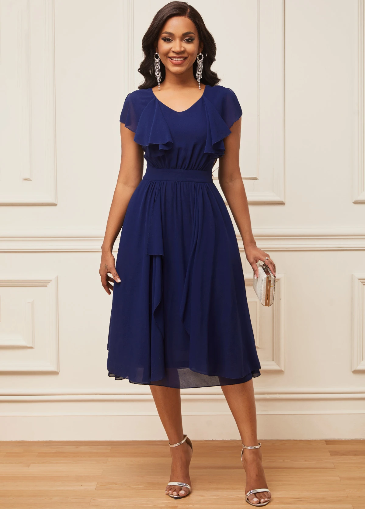 Chiffon Navy Blue Short Sleeve V Neck Dress 6 Chiffon Navy Blue Short Sleeve V Neck Dress - Image 4