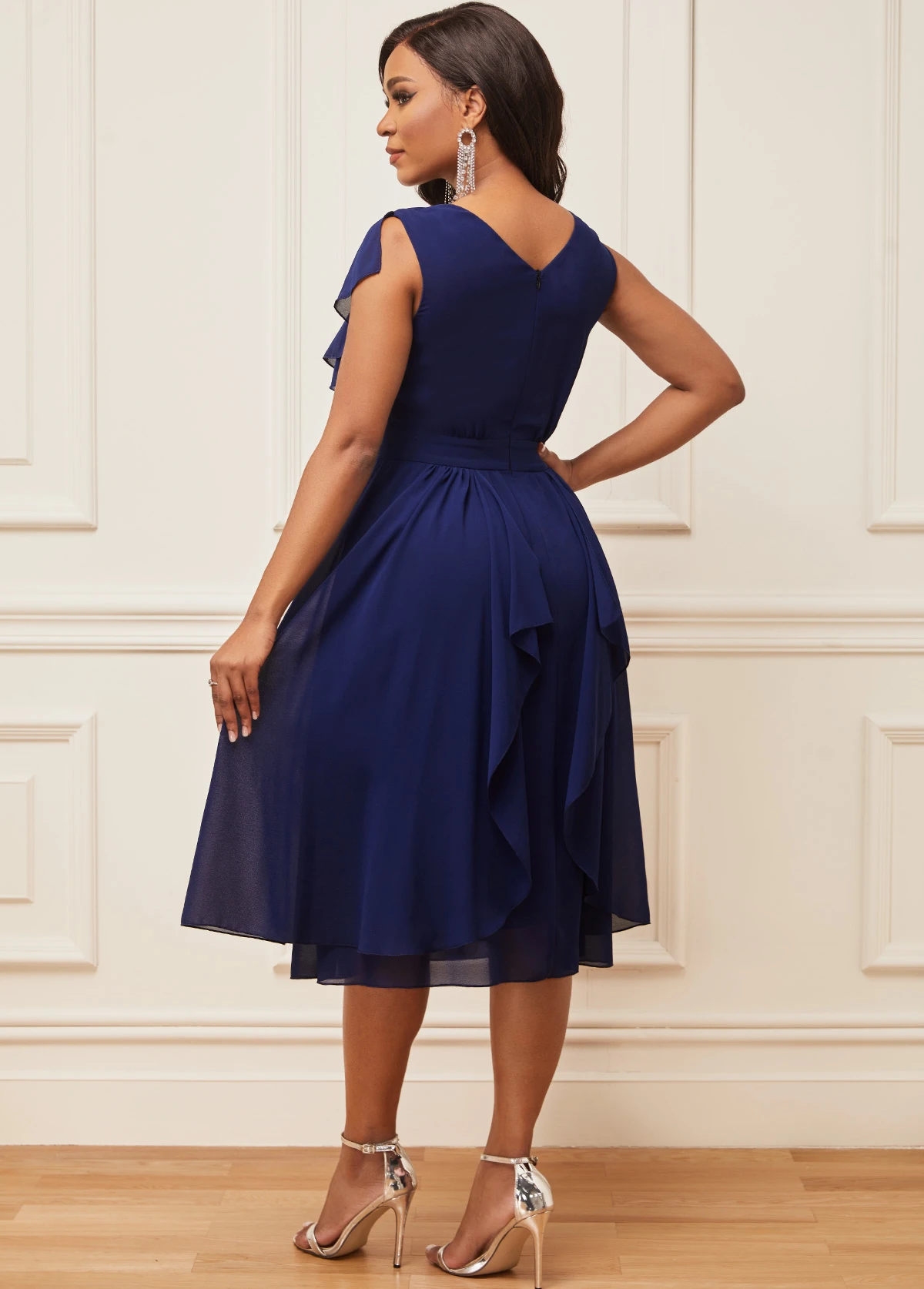 Chiffon Navy Blue Short Sleeve V Neck Dress 4 Chiffon Navy Blue Short Sleeve V Neck Dress - Image 2