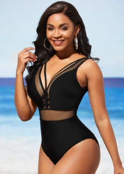 Black Sheer Fishnet Panel One Piece Swimwear -Ethereal Swim 290319 P 16384089730882
