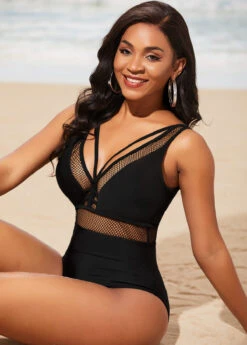 Black Sheer Fishnet Panel One Piece Swimwear -Ethereal Swim 290319 P 16384089739033