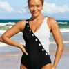 Black Textured Fabric Decorative Button One Piece Swimwear 2 Black Textured Fabric Decorative Button One Piece Swimwear -Ethereal Swim 290407 P 16400550275290