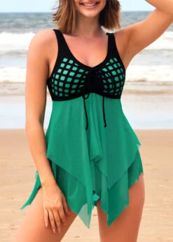 Tie Front Cyan Asymmetric Hem Swimdress And Panty