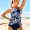 Cross Strap Navy Blue Paisley Print Tankini Set -Ethereal Swim 290434 P 16391039693020