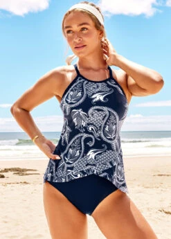 Cross Strap Navy Blue Paisley Print Tankini Set 11 Cross Strap Navy Blue Paisley Print Tankini Set -Ethereal Swim 290434 P 16391039697803