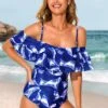 Flounce Leaf Print Navy Blue One Piece Swimwear 1 Flounce Leaf Print Navy Blue One Piece Swimwear -Ethereal Swim 291303 P 16393954798600