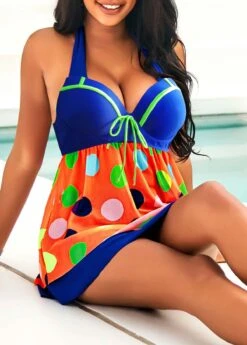 Rainbow Color Polka Dot Bowknot Halter Swimdress And Pantskirt -Ethereal Swim 291485 P 16427291700923