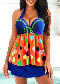 Rainbow Color Polka Dot Bowknot Halter Swimdress And Pantskirt -Ethereal Swim 291485 P 16427291700964