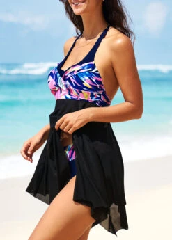 Floral Print Black Asymmetric Hem Swimdress And Panty -Ethereal Swim 291523 P 16408512183772
