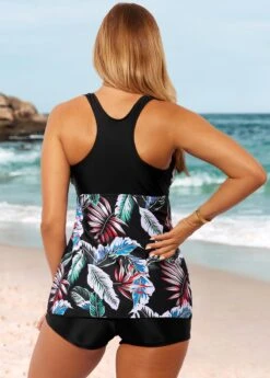 Bowknot Leaf Print Black Tankini Set -Ethereal Swim 291572 P 16390129912551