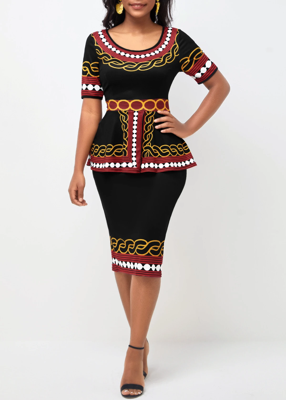 Tribal Print Round Neck Peplum Waist Black Dress 3 Tribal Print Round Neck Peplum Waist Black Dress
