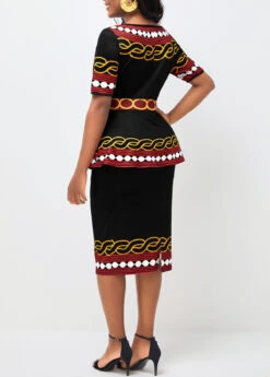 Tribal Print Round Neck Peplum Waist Black Dress 7 Tribal Print Round Neck Peplum Waist Black Dress -Ethereal Swim 292494 P 16406873459011