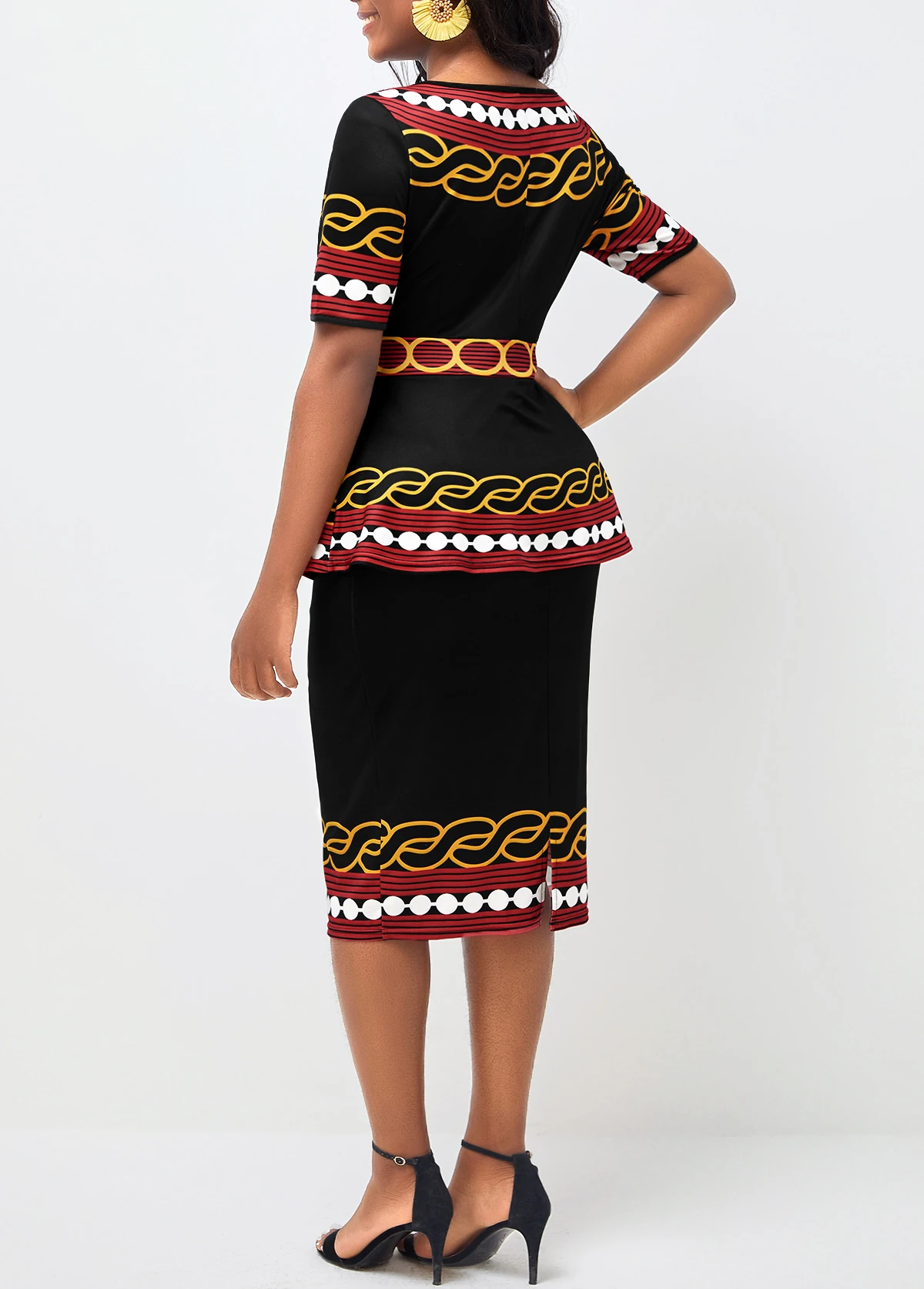 Tribal Print Round Neck Peplum Waist Black Dress 4 Tribal Print Round Neck Peplum Waist Black Dress - Image 2