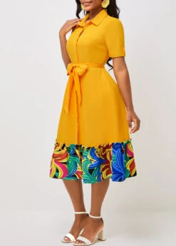 Belted Turndown Collar Yellow Short Sleeve Dress -Ethereal Swim 292497 P 16406872955273