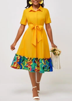 Belted Turndown Collar Yellow Short Sleeve Dress -Ethereal Swim 292497 P 16406872955592