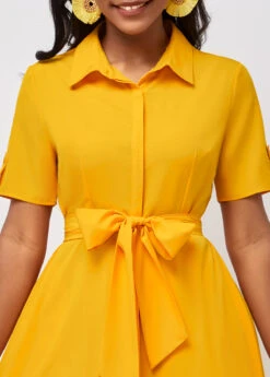 Belted Turndown Collar Yellow Short Sleeve Dress -Ethereal Swim 292497 P 16406872959414