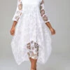 White Mesh Stitching Sheer Asymmetric Hem Floral Print Dress -Ethereal Swim 292499 P 16503484189400