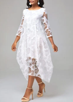White Mesh Stitching Sheer Asymmetric Hem Floral Print Dress 11 White Mesh Stitching Sheer Asymmetric Hem Floral Print Dress -Ethereal Swim 292499 P 16503484189752