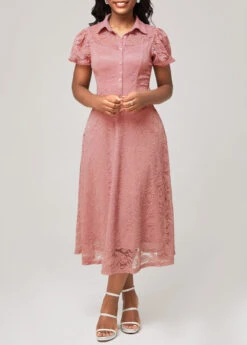 Short Sleeve Turndown Collar Dusty Pink Lace Dress -Ethereal Swim 292504 P 16425011145343