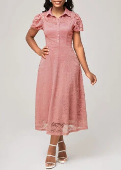 Short Sleeve Turndown Collar Dusty Pink Lace Dress