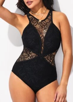 Black Lace Stitching One Piece Swimwear