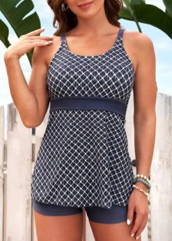 Geometric Print Wide Strap Light Grey Tankini Set -Ethereal Swim 292615 P 16406861354784