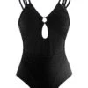 Lace Patchwork Black Metal Ring Detail One Piece Swimwear -Ethereal Swim 292636 P 1698055950146