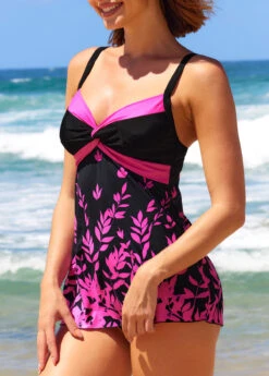Leaf Print Twist Front Hot Pink Swimdress And Panty -Ethereal Swim 293904 P 16424215726922