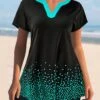 Split Neck Black Short Sleeve Tankini Set