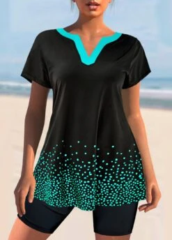 Split Neck Black Short Sleeve Tankini Set