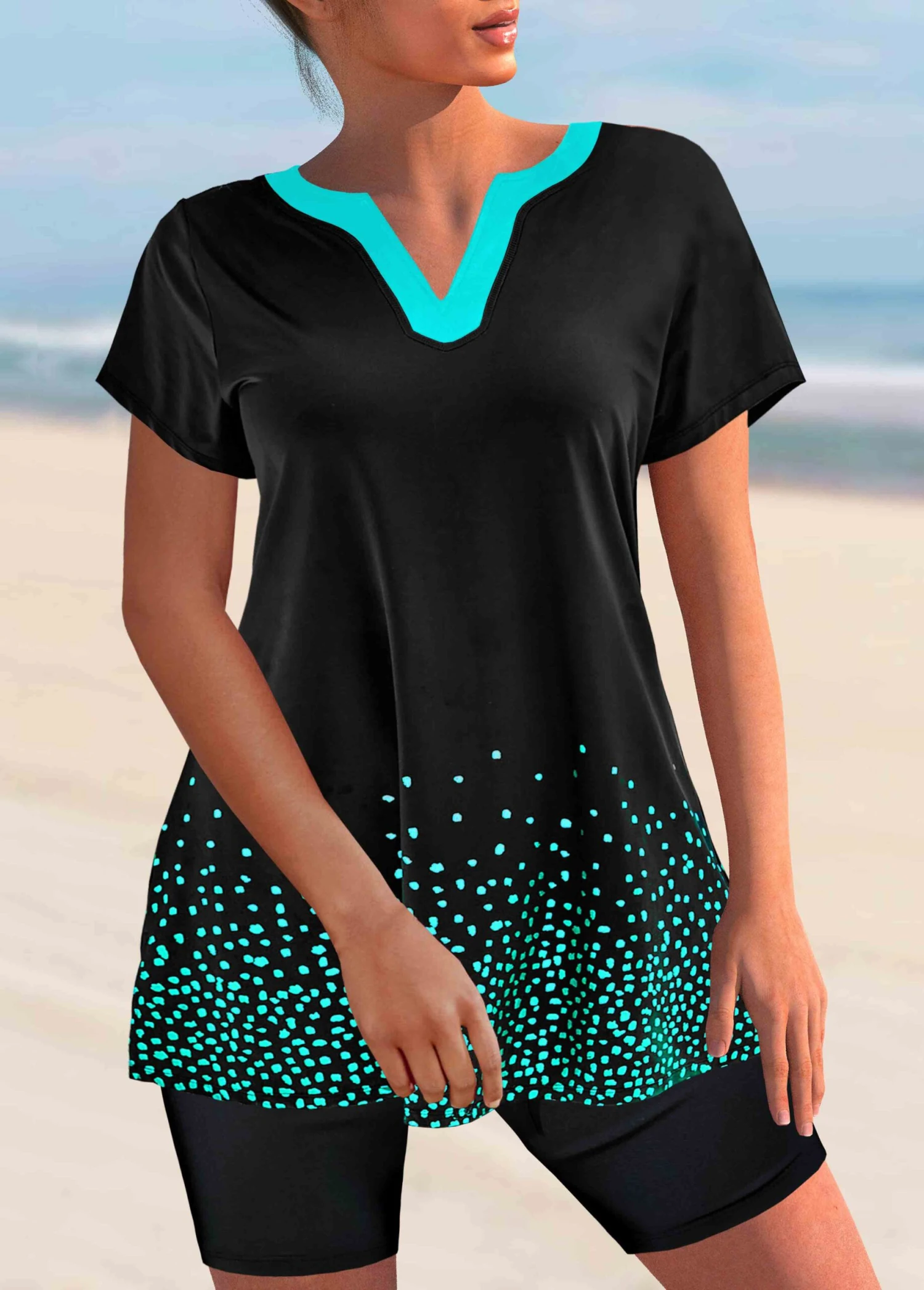Split Neck Black Short Sleeve Tankini Set 5 Split Neck Black Short Sleeve Tankini Set - Image 3