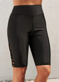 Black High Waisted Cross Strap Swim Shorts -Ethereal Swim 298232 P 16466189246733