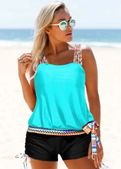 Ethereal Swim 26 Tribal Print Cyan Tie Side Tankini Set