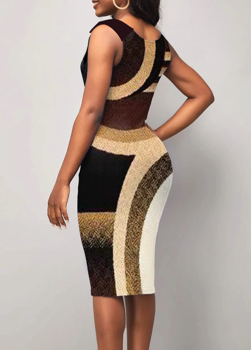 Brown Printed Sleeveless V Neck Dress 4 Brown Printed Sleeveless V Neck Dress - Image 2