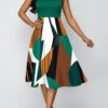 Geometric Print Green V Neck Dress