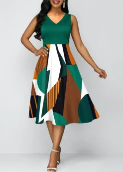 Geometric Print Green V Neck Dress
