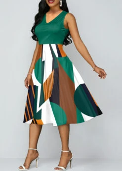 Geometric Print Green V Neck Dress -Ethereal Swim 308427 P 1656659178806