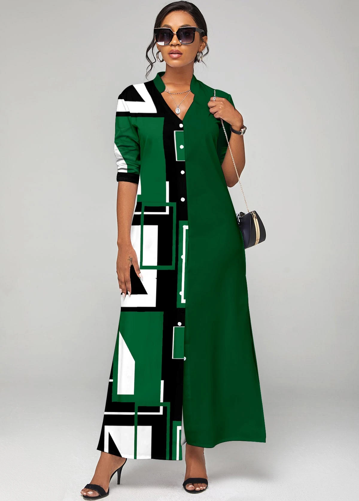 Green Split Neck Geometric Print Button Up Dress 3 Green Split Neck Geometric Print Button Up Dress