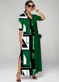 Green Split Neck Geometric Print Button Up Dress 7 Green Split Neck Geometric Print Button Up Dress -Ethereal Swim 311244 P 1692845471612
