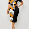 Geometric Print Round Neck Yellow Bodycon Dress -Ethereal Swim 312867 P 1661936854620